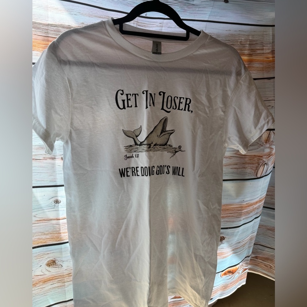 Gildan White Graphic Tee with Whale "Get In Loser" Print